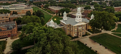 aerial view of Old Main building on USD Campus