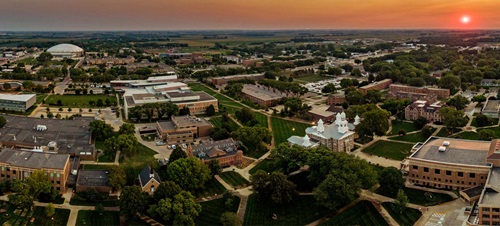 Aerial View of Campus at Sunset.