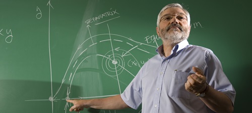 A teacher teaching at a chalkboard.