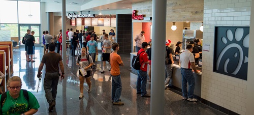 Students Line Up at Food Vendors Inside the Muenster University Center