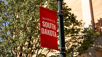 A red University of South Dakota banner hanging on a dark green light pole. There is a tree with green leaves and the side of a brick building in the background.