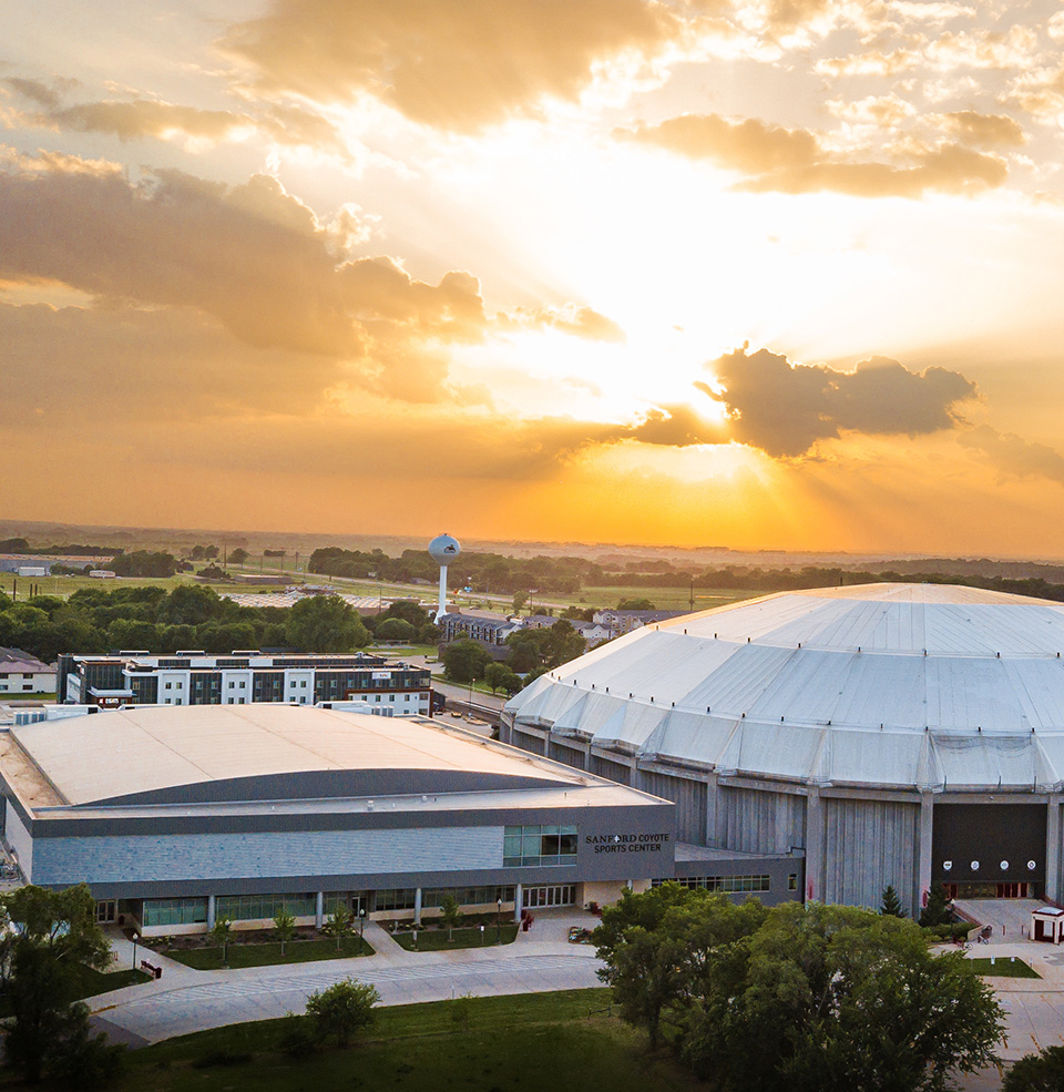 Aerial photo of the dome and sanford coyotes sports center at sunset.