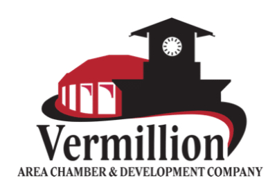 A red logo that says Vermillion Area Chamber and Development Company.
