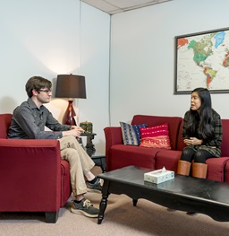 A counselor talking to a person on a couch.