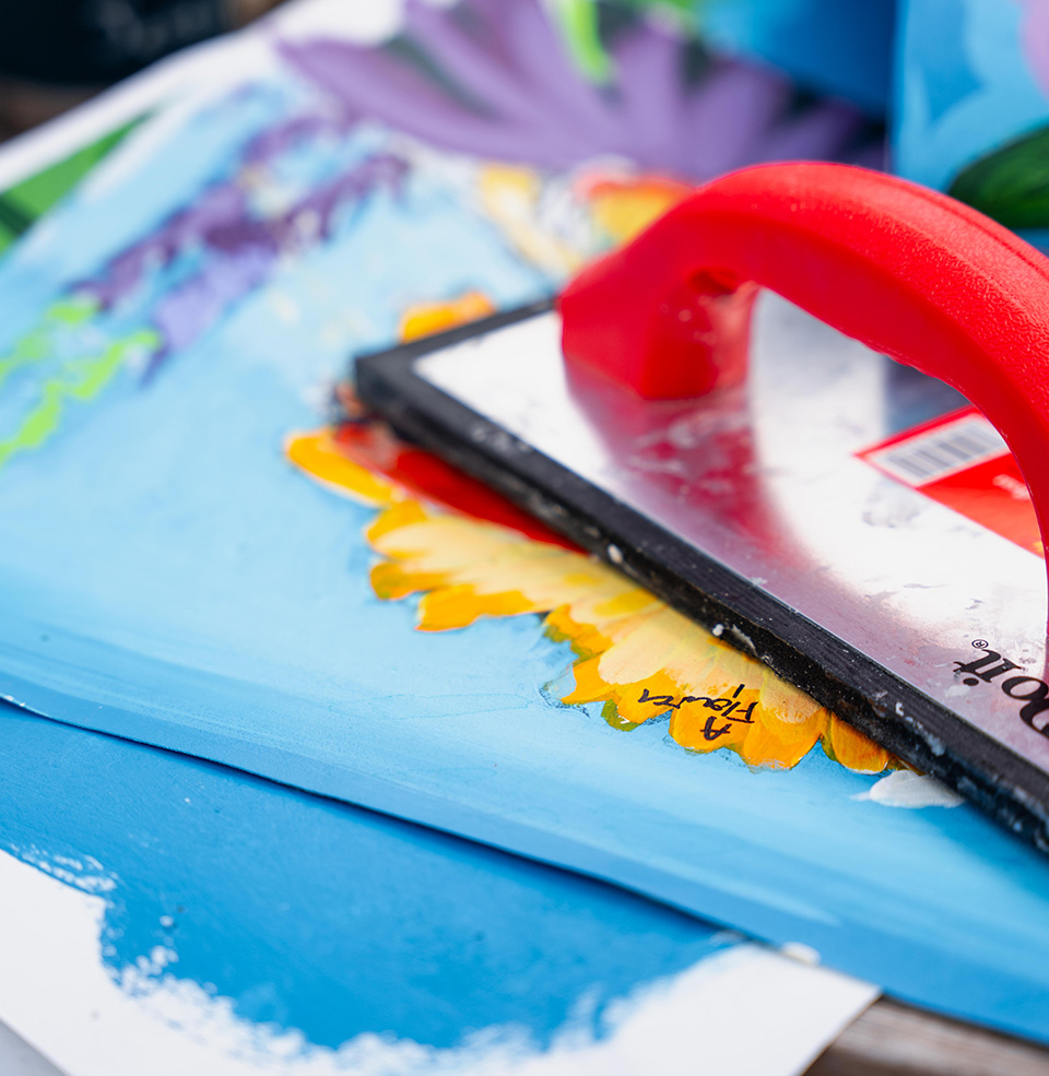 Close up shot of paint and art tools