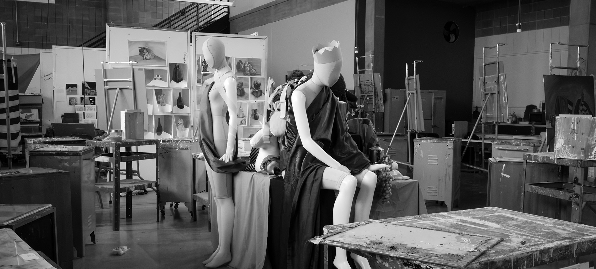 BLACK AND WHITE PHOTO OF PAINTING STUDIO AT USD