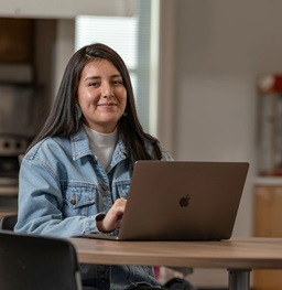 Graduate student working on laptop access online application