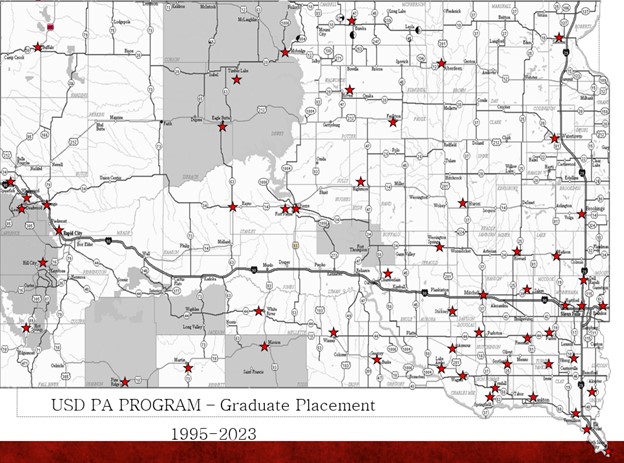 A map of where USD graduates from the Physician Assistant studies program have been places acoess the state of south Dakota. Over 20+ cities are marked with read stars dating from 1995 to 2023.
