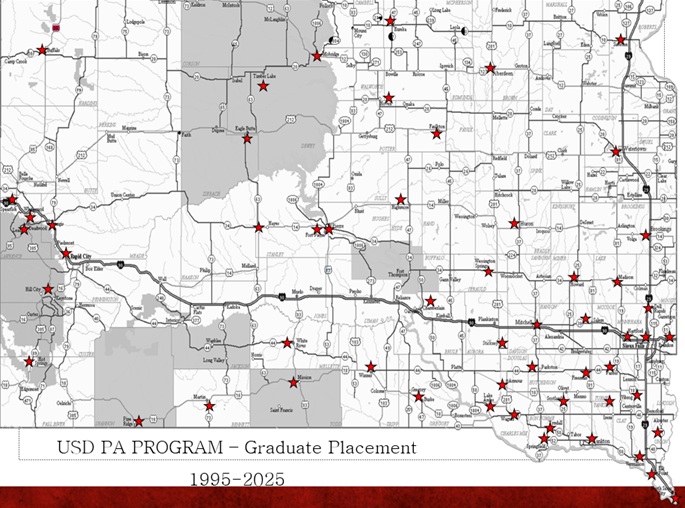 A map of where USD graduates from the Physician Assistant studies program have been places acoess the state of south Dakota. Over 20+ cities are marked with read stars dating from 1995 to 2023.