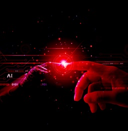 A finger touching an AI code in the dark with a red light.