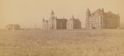 Old photo of West Hall, University Hall, and East Hall.