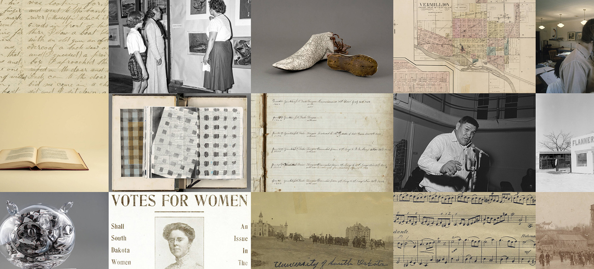collage of old photos of writing, music notes, usd campus. clothing. and newspapers