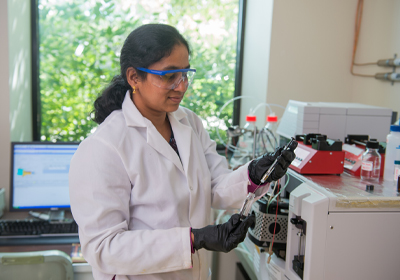A Chemistry student doing lab research during a project.