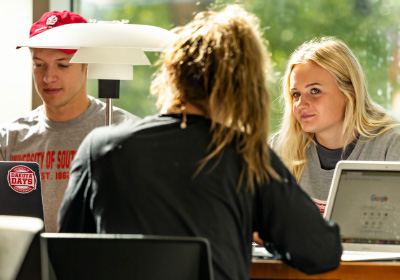 Students studying together in the library.