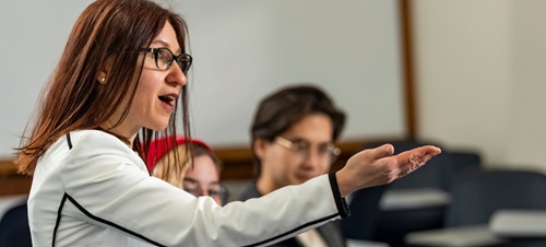 A modern language teacher instructing class.