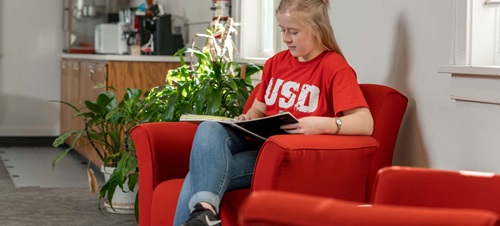 Female USD student sitting on a red chair reading a notebook