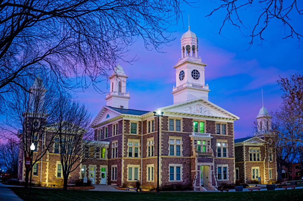 Exterior of Old Main at Dusk
