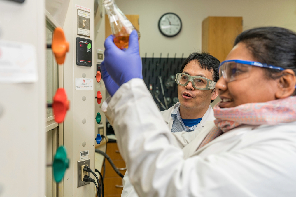 Two lab students doing biometric research in a lab on a cell model.