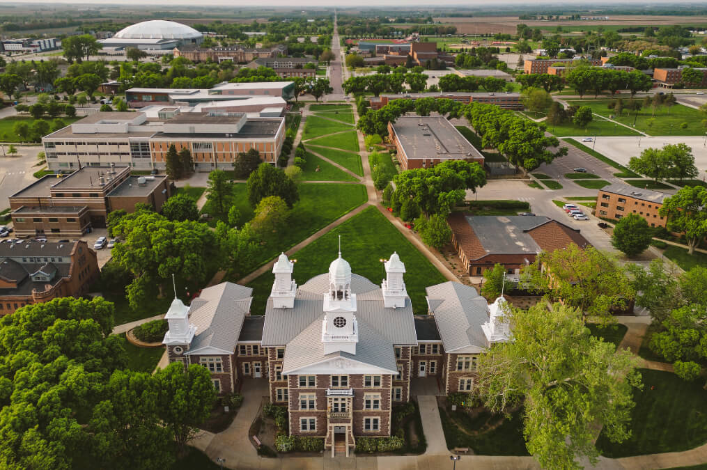 An aerial shot of the campus with Old Main at the bottom.