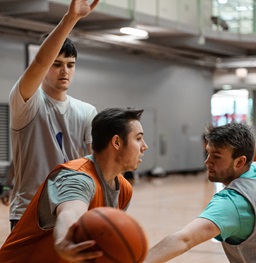 An intramural game of basketball in progress.