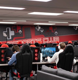 A wide view of the Esports Arena, where players sit at their computers.