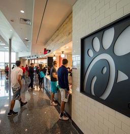 Students waiting in line to eat at Chik-Fil-A.