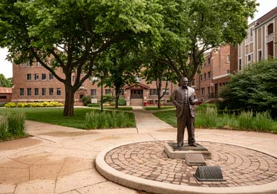 The Doc Farber statue during the day.