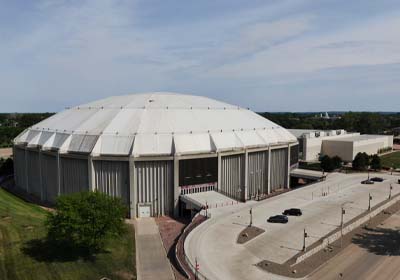 A wide drone view of the DakotaDome outside.