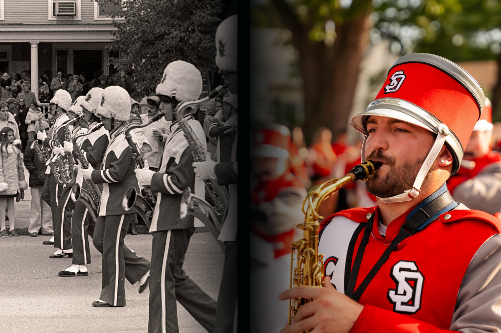 side by side of saxaphones in the USD marching band