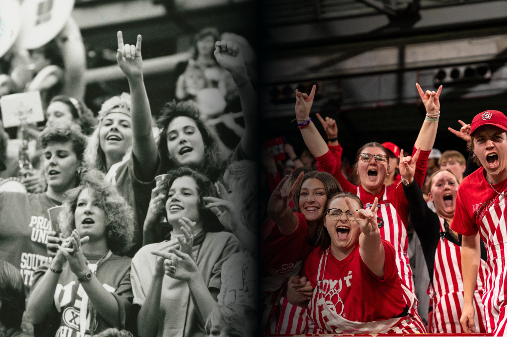 Side by side of fans cheering with yote hands