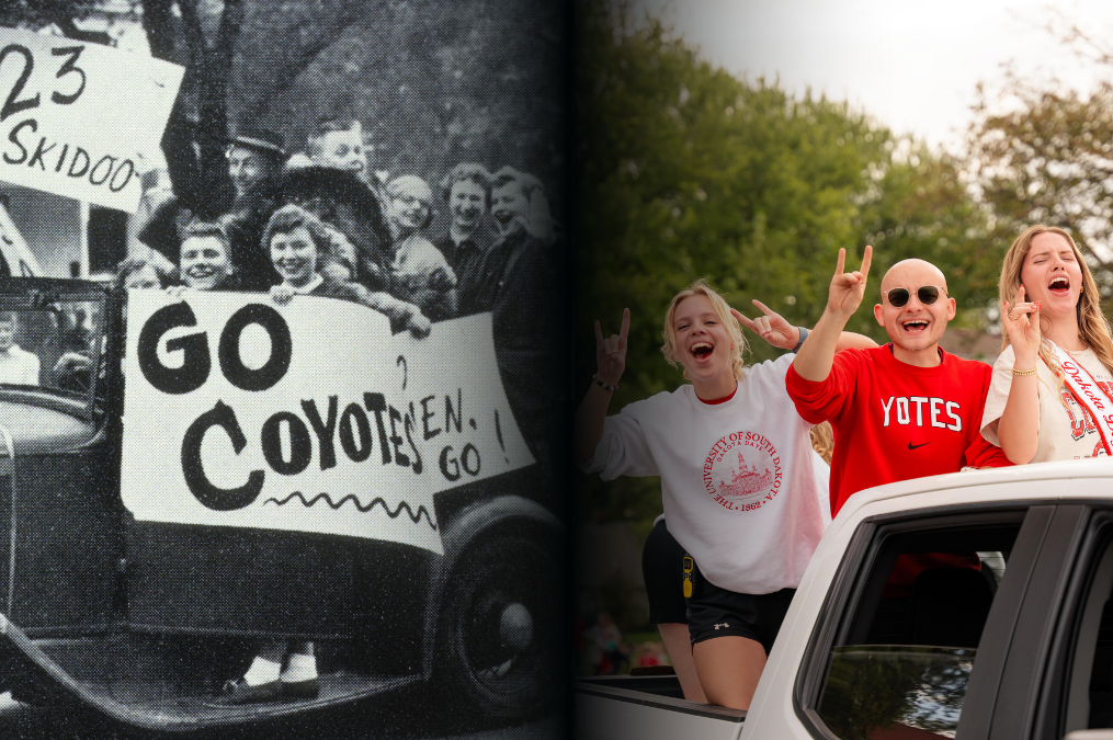 Side by side of students on parade floats