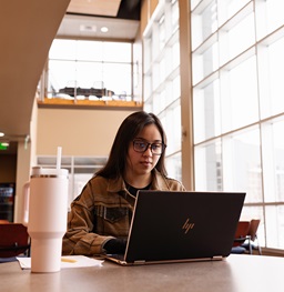 Female student working on her computer at a desk