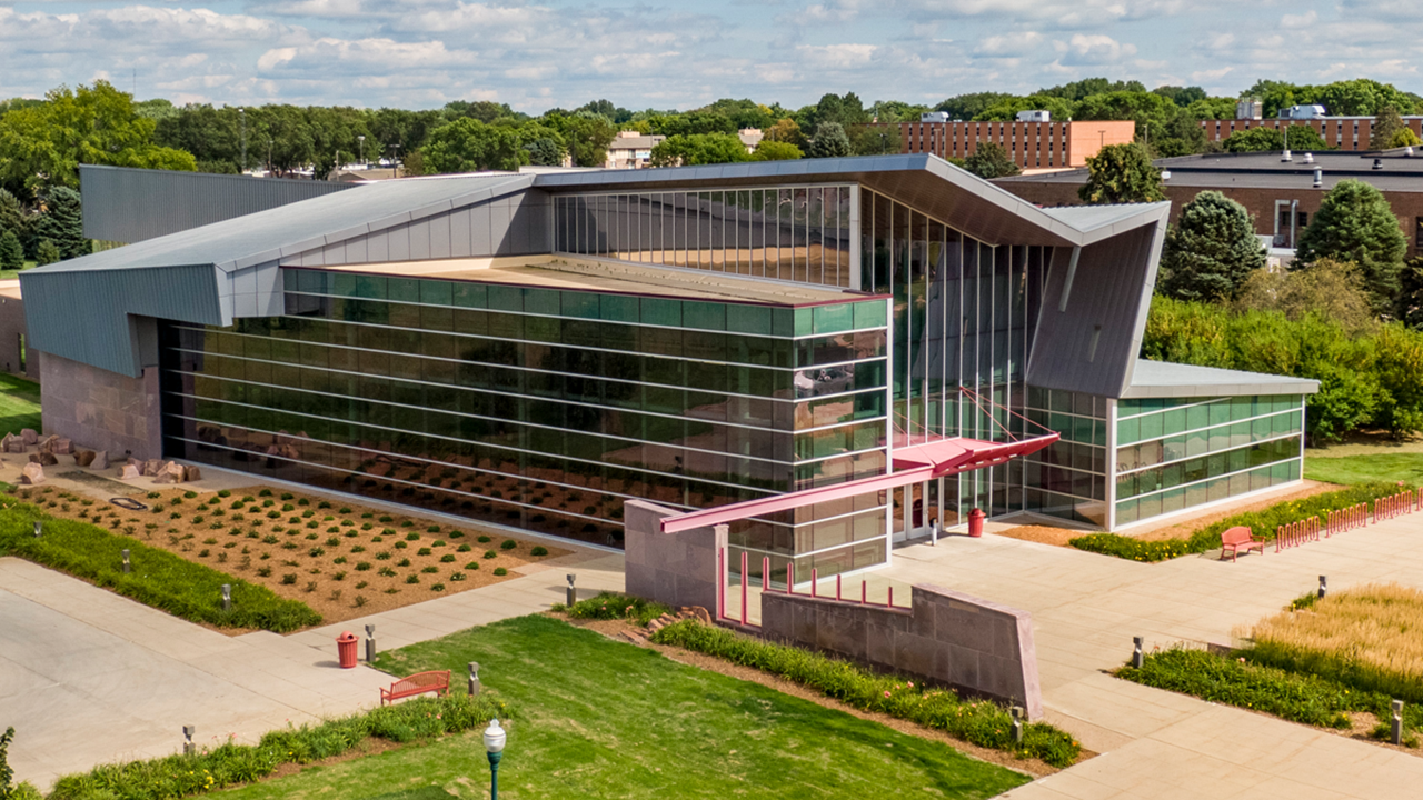 A drone shot of the USD Wellness Center.