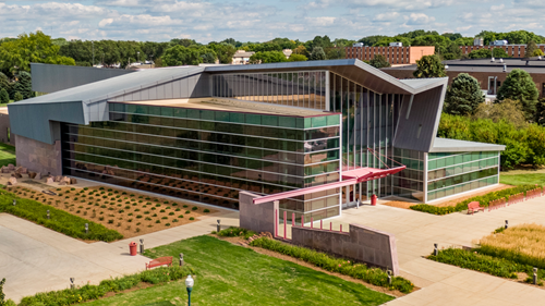A drone shot of the USD Wellness Center.