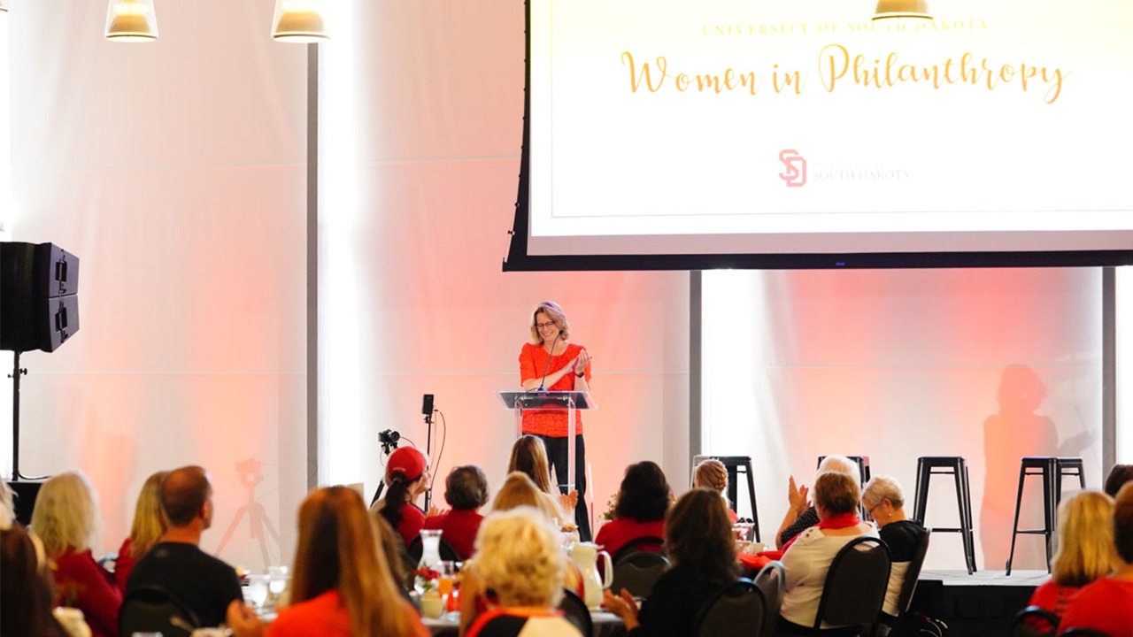 President Sheila K. Gestring on the stage at the 2021 Women in Philanthropy event. President Sheila K. Gestring on the stage at the 2021 Women in Philanthropy event.