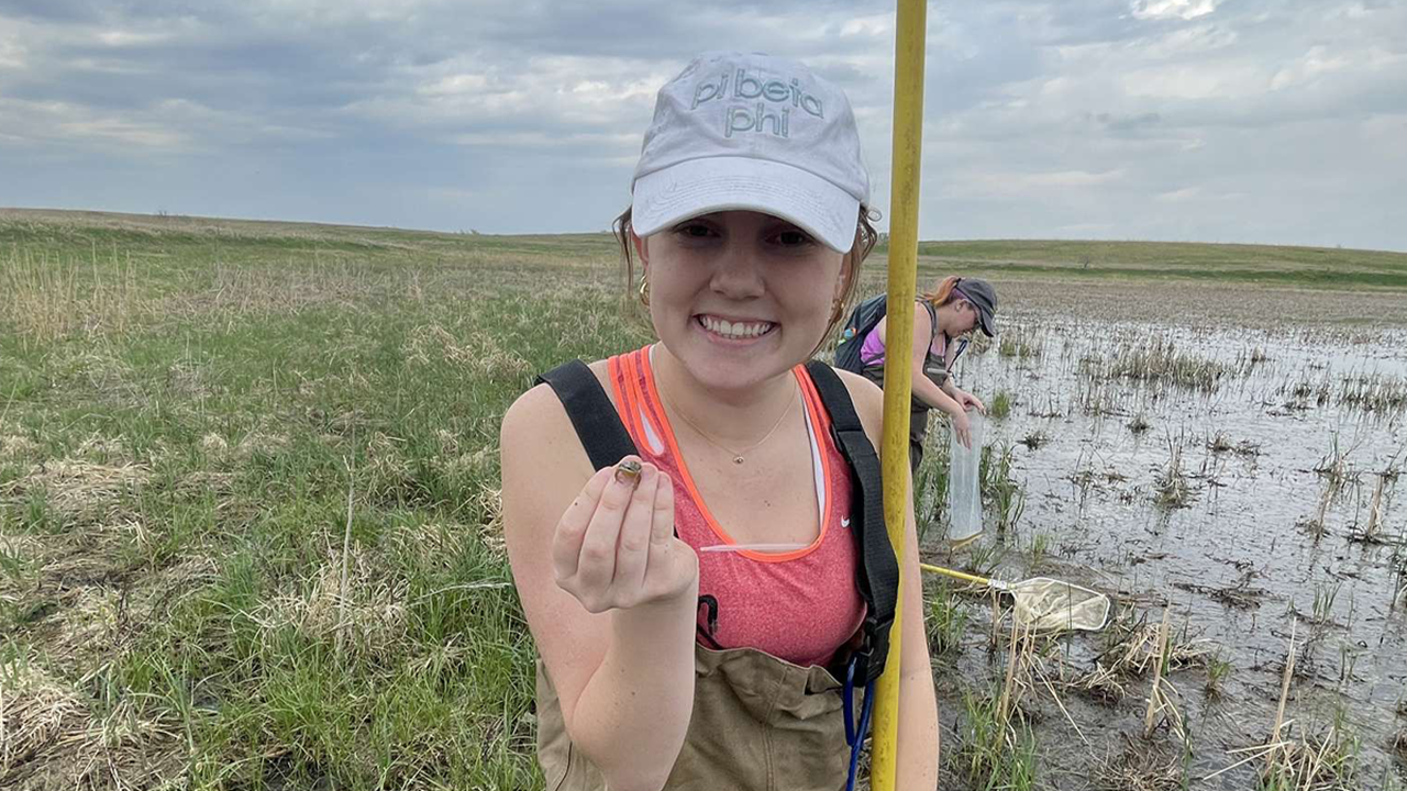 Ella Wittmuss stands in a wet field and holds a small frog in her hand.