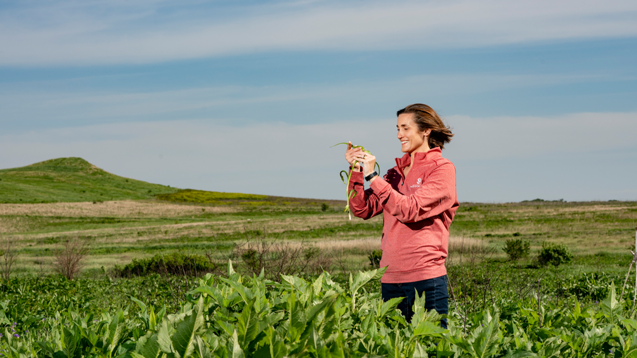 A woman standing in a tall field of green grass and plants. She holds something in her hand and examines it.