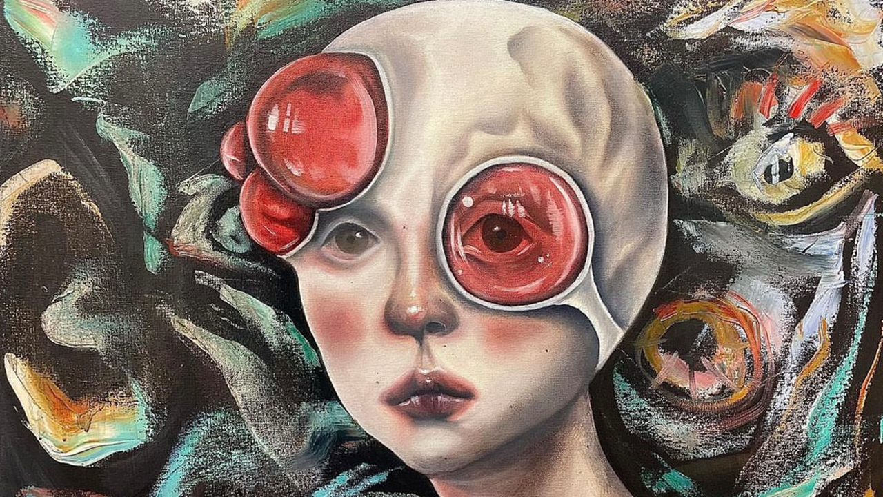 An artistic portrait of a human head with red bumps coming out of the side. The background is abstract.