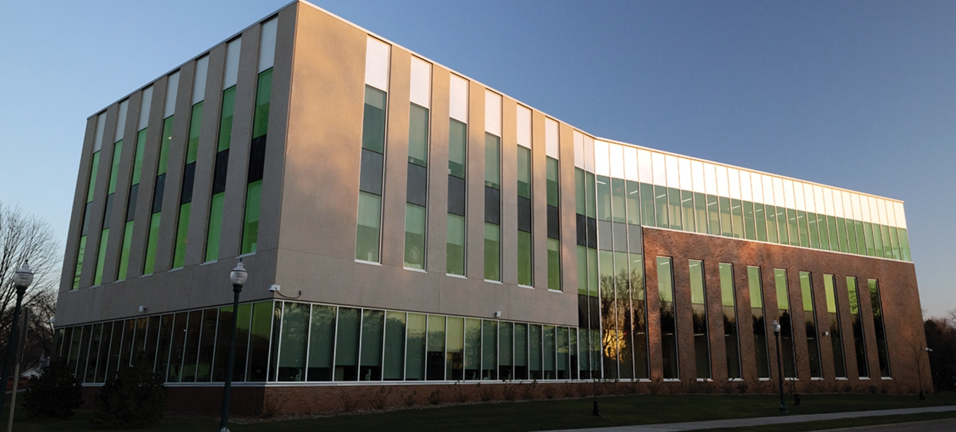 The exterior of the Lee Med building during sunset.