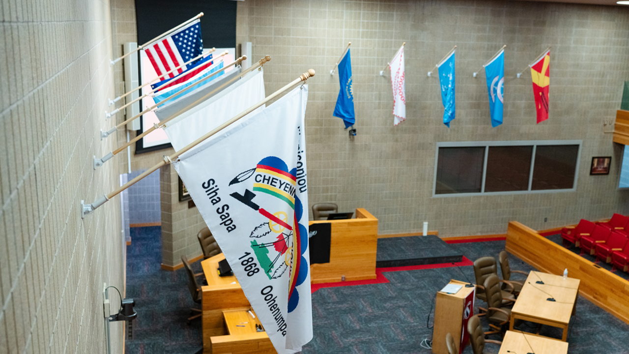 Nine tribal flags, the U.S. flag and the South Dakota flag hang over the USD Knudson Schoo of Law courtroom.