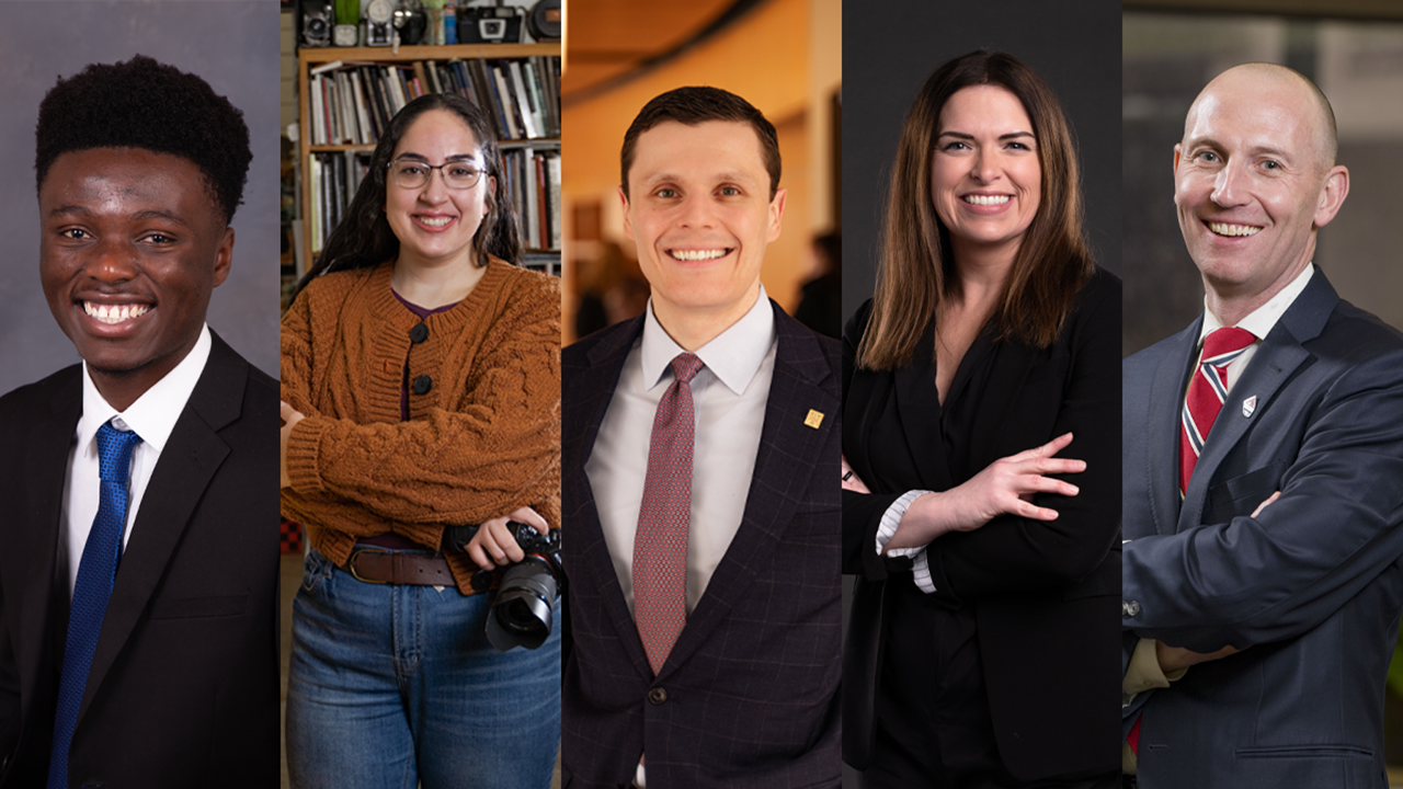 A photo collage of several individuals. On the far left is Finiasi Epapy. He wears a suit and tie and sits in front of a gray background. Second from the left is Graciela DeAnda. She stands in a photo studio and holds a camera. In the middle is Dzenan Berberovic. He stands in a suit and tie in front of a yellow background. Second from the right is Jessica Messersmith. She wears a black suit top and stands in front of a gray background. Far right is Neil Fulton. He wears a suit and tie and stands in front of a blurred background.
