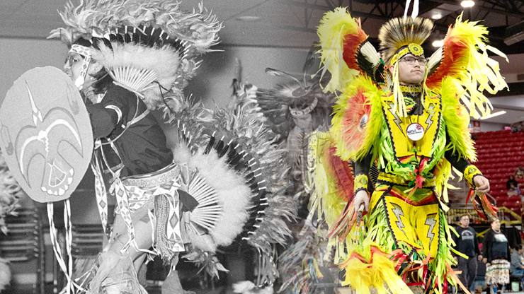 Dancers perform at a Wacipi. One half of the image is grayscale and the other half is in color, with the dancer wearing bright yellow regalia.