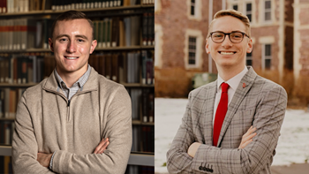 A collage of two photos. On the left is Caleb Swanson standing in front of a bookshelf with his arms crossed. On the right is Caleb Weiland standing in front of Old Main with his arms crossed. 