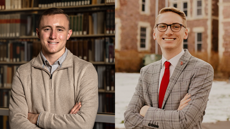 A collage of two photos. On the left is Caleb Swanson standing in front of a bookshelf with his arms crossed. On the right is Caleb Weiland standing in front of Old Main with his arms crossed. 