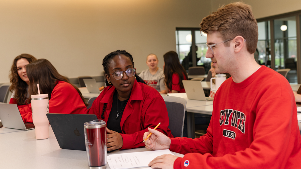 Business students sit in a classroom and learn.