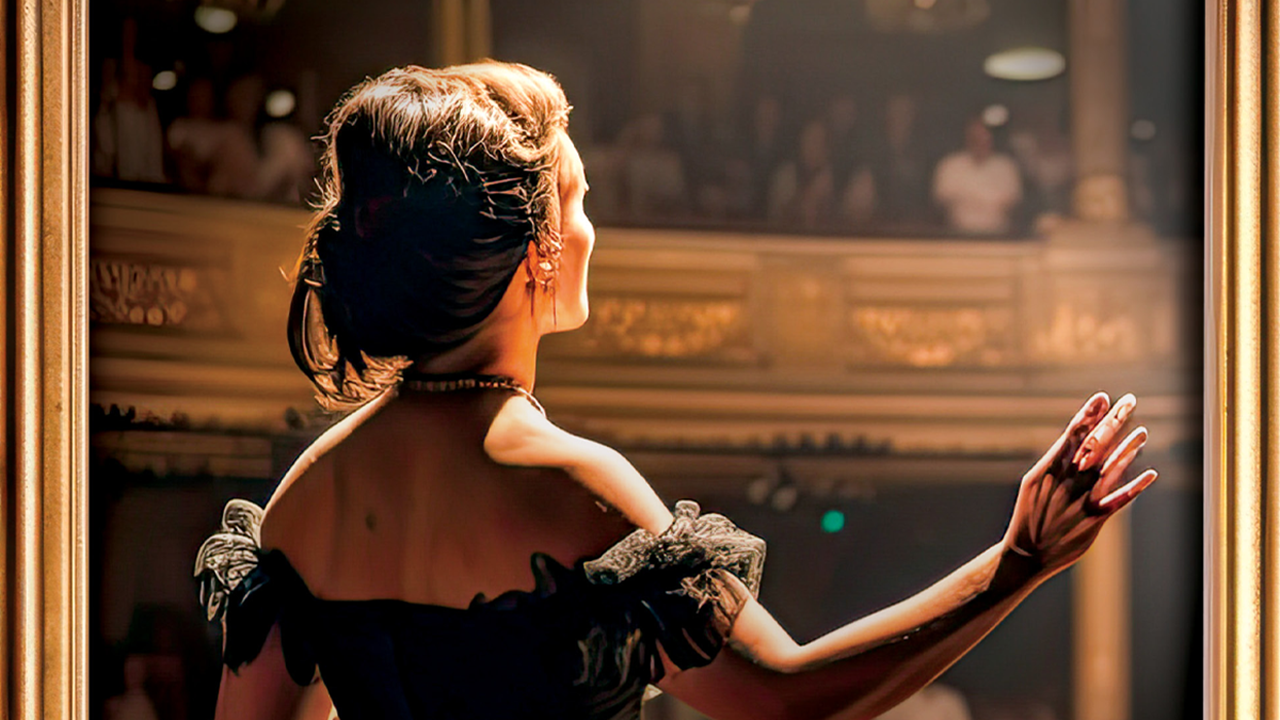 An actress dressed in a Victorian Era gown looks toward the audiences and holds up her hand in song.