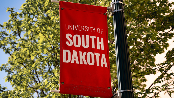 A red banner is attached to a light pole, with the words "University of South Dakota" in white.