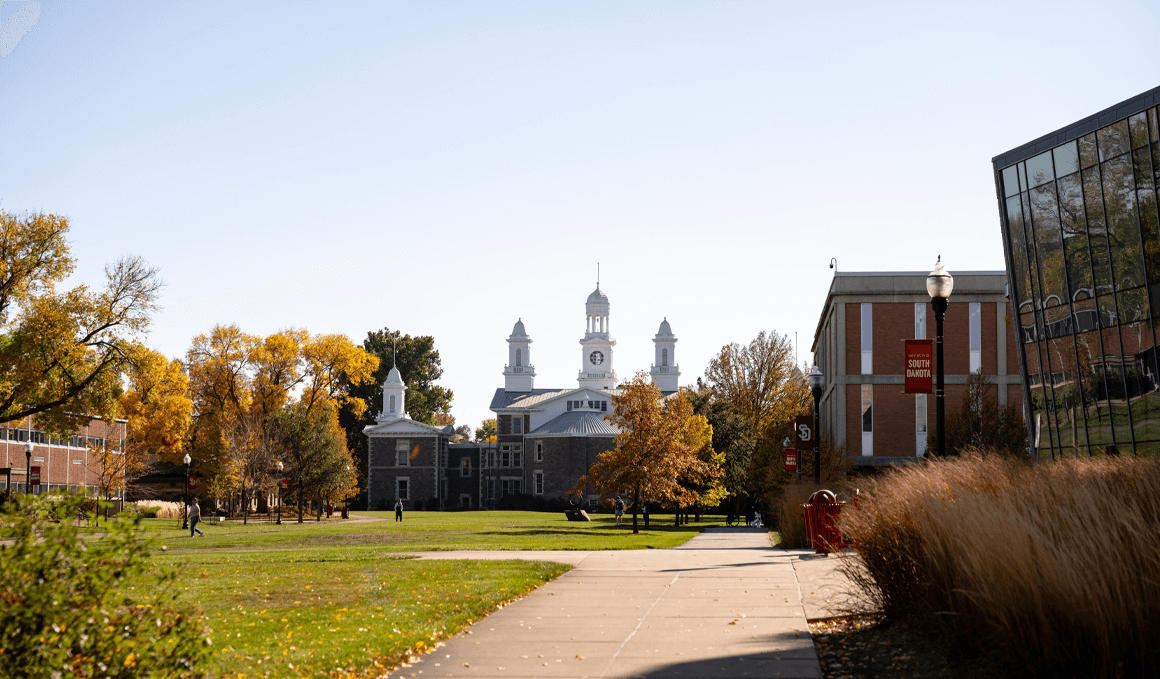 A view of the USD campus on a sunny fall day, with Old Main’s clock tower centered in the background and trees with golden leaves lining the sidewalk.