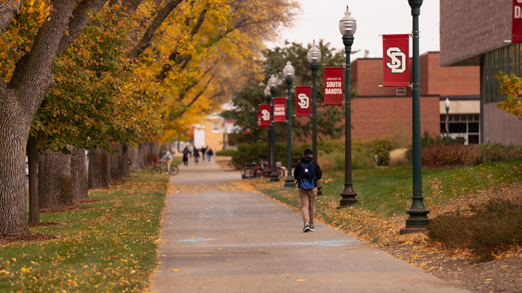 A student with a backpack walks down a tree-lined sidewalk on the University of South Dakota campus in fall, with golden leaves on the ground and red USD banners hanging from lamp posts.