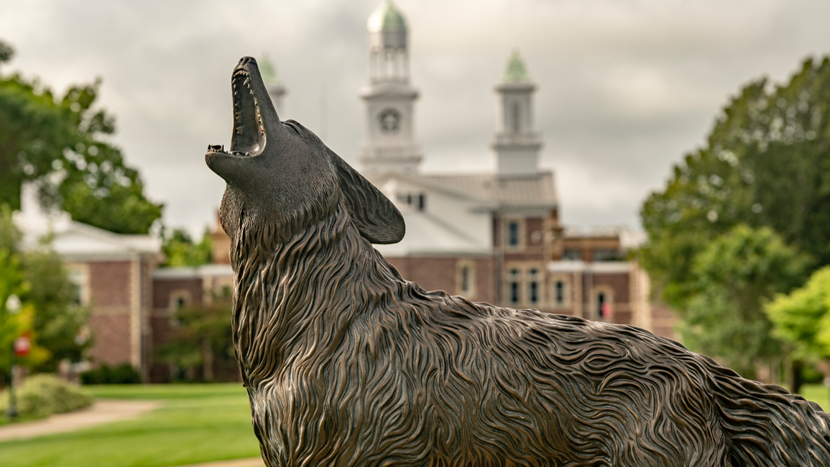 The Coyote Legacy Statue sits in the forefront, with Old Main in the background against a cloudy, gray sky.